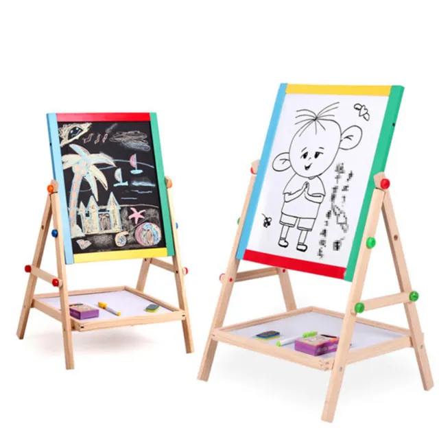 Adjustable Children Kids 2 In 1 Black / White Wooden Easel Chalk Drawing Board