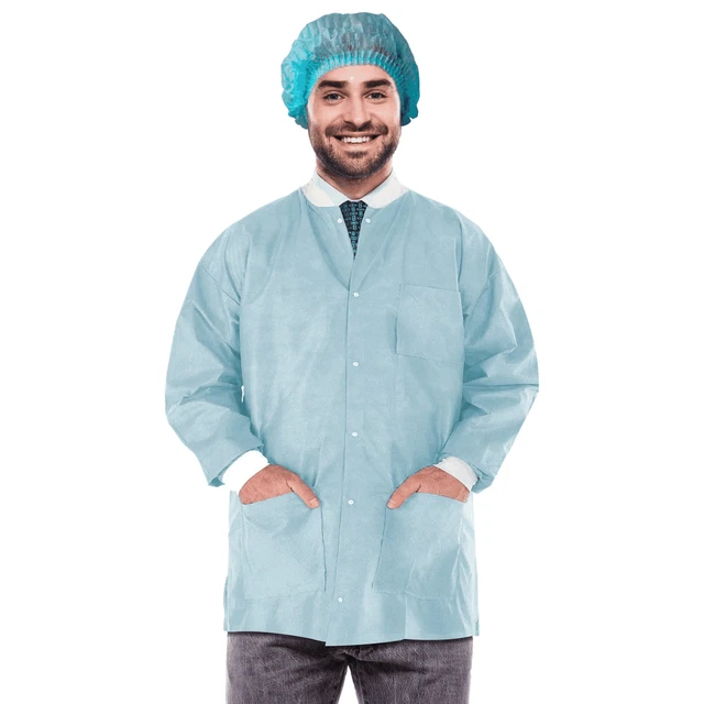 Disposable Lab Jackets 29 . Pack of 10 Sky Blue Hip Length Work Gowns Small. SMS