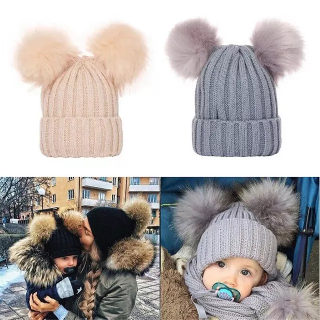 Newborn Knit Warm Winter Kids Hat Boy Girl Bobble Beanie Baby Double Fur Pom Cap 3