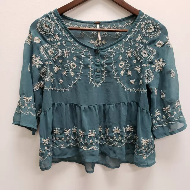 Free People Womens 3/4 Sleeve Sheer Embroidered Crop Top Size XS Blue Round Neck