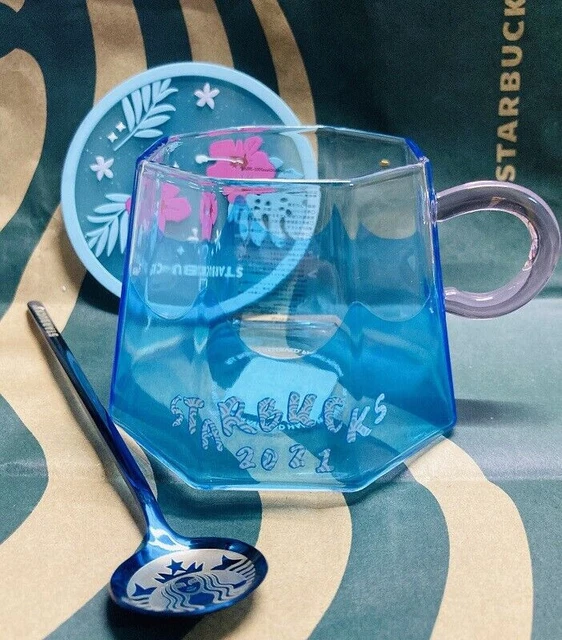 NEW Starbucks Japan Mount Fuji Glass Cup W/ Blue Spoon Coaster Coffee Mugs Gift