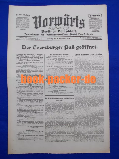 VORWÄRTS (1. Dezember 1916): Der Toerzburger Paß geöffnet