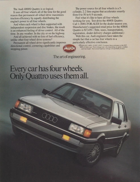 1985 Audi 4000S Quattro - "Every Car Has Four Wheels" - Magazine Print Ad Photo
