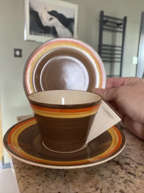 vintage CLARICE CLIFF Bizarre Conical TEA CUP  SAUCER & TEA PLATE Liberty Stripe