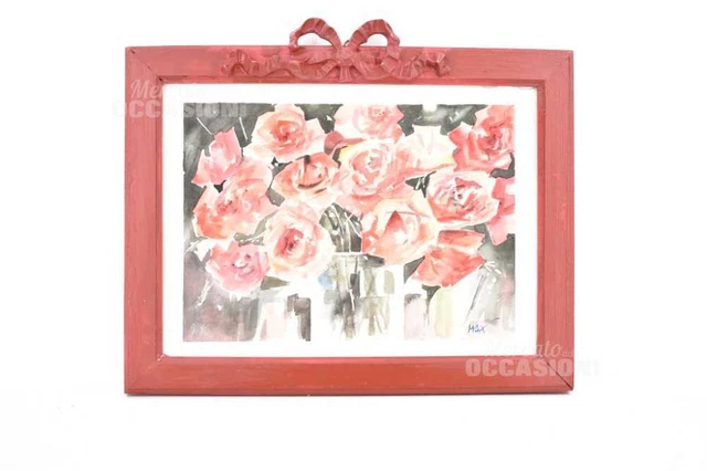 Quadro Acquerello 40 X 33 Cm Raffiguranti Rose Rosse Firmato Max
