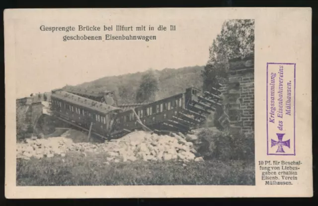 AK aus Illfurt gesprengte Brücke mit drei Eisenbahnwagen Frankreich (625)