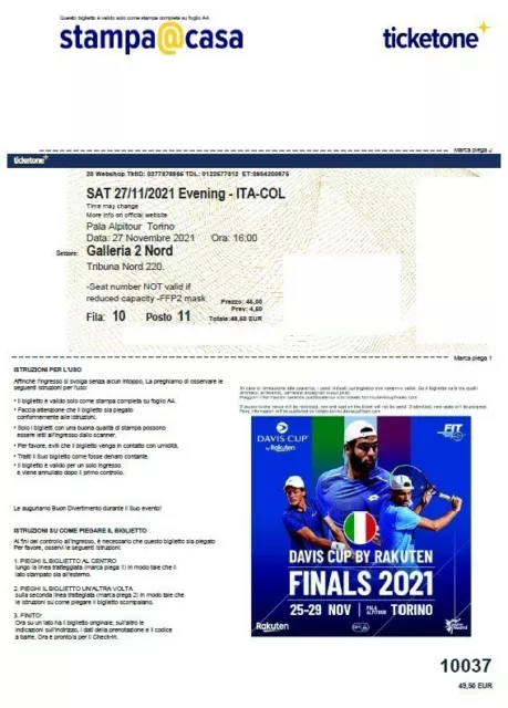 Biglietto per Davis Cup ITA-COL Sab.27 ore 16