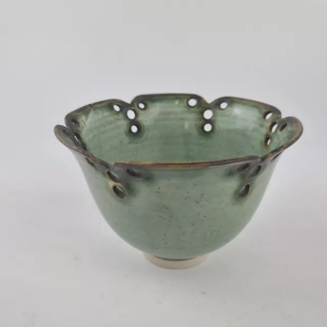 Vintage Studio Pottery Bowl With Pierced Design Green Glaze Signed Marion