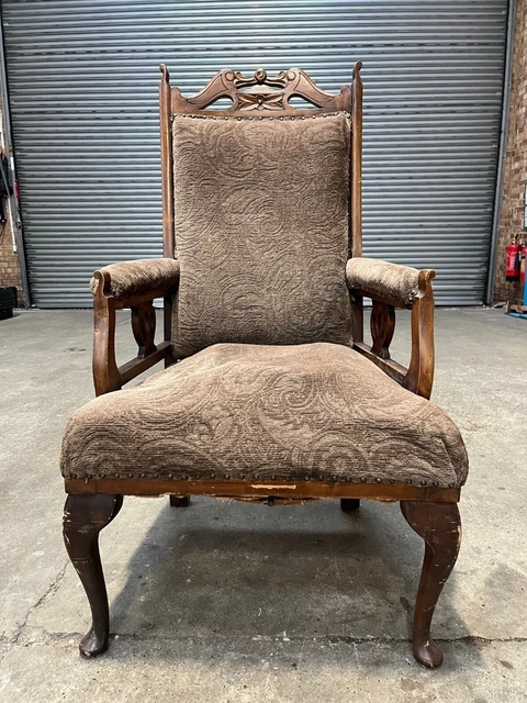 Mahogany Amrchair With Carved Wooden Detail & Brown Upholstery