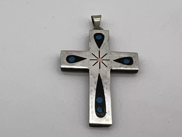 VNT Taxco 925 Sterling Silver Onyx & Turquoise Inlay Mexico Cross Pendant