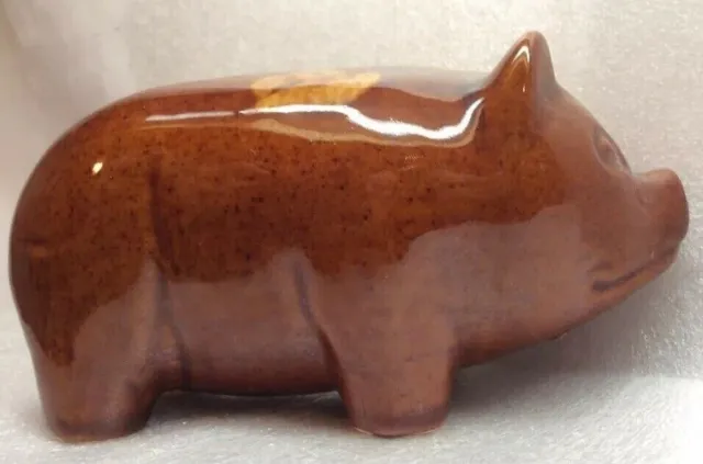 Stoneware Pottery Piggy Bank Brown Spotted Sponge Ware Coin Pig Figurine Vtg