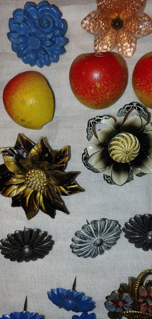 33 Vintage Curtain Push Pin Tie Backs Enameled Painted Flowers & MORE Assorted 2