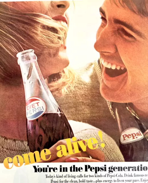 1964 Iconic Diet Pepsi Come Alive Generation Pepsi Cola Sparkle Vintage Print Ad