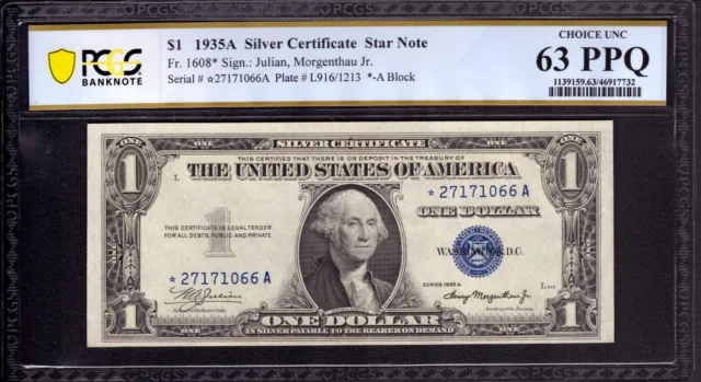1935 A $1 Silver Certificate Star Note Fr 1608* Pcgs B Choice Unc 63 Ppq