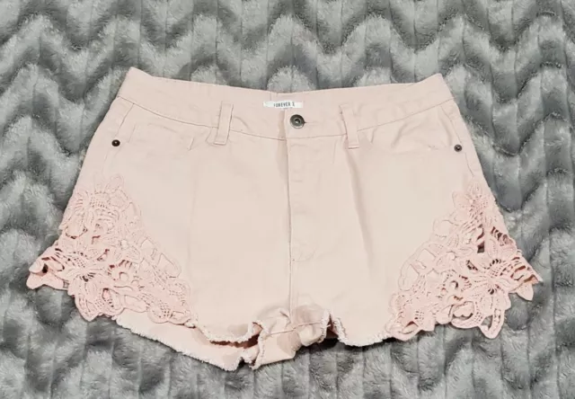 Forever 21 Womens Juniors Size 29 High Rise Pink Crochet Cut Off Denim Shorts