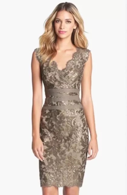 Tadashi Shoji Sheath Dress 2 Gold Sequin Embroidered Scalloped Lace Metallic NWT