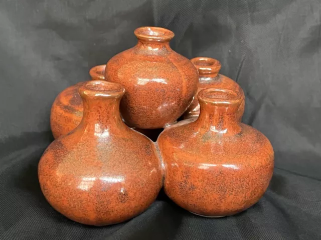 Vintage Ceramic Glazed Cluster Bud Vase 5 in 1 Hand Made Terracotta Tones 3.5"