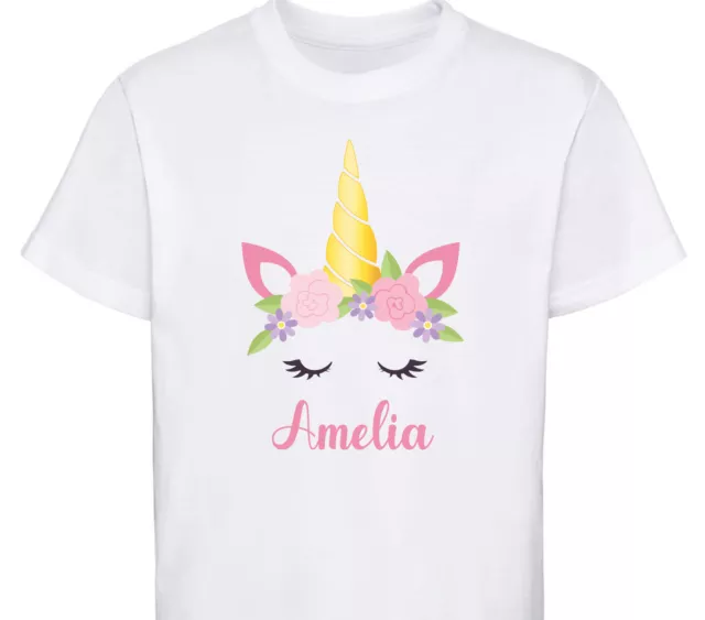Personalised Unicorn T-Shirt Girls Any Name Tshirt Childrens Birthday Gift Top