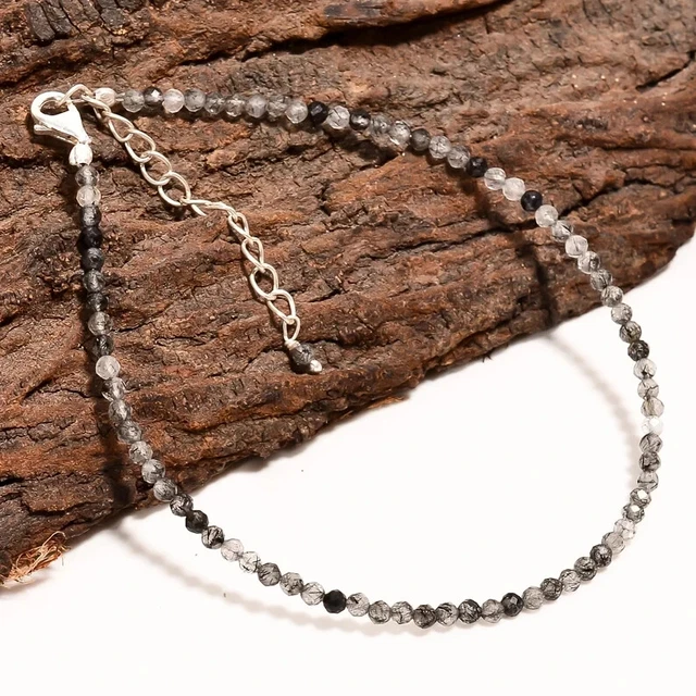 AAA Noir Rutile Quartz 3mm Rondelle Gemme Facettes Perles Dainty Bracelet 17.8cm