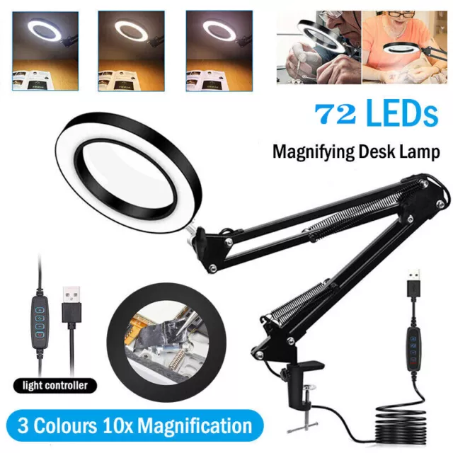 10X Magnifier Lamp Glass LED Desk Lamp Foldable Light Stand Clamp Beauty Mirror