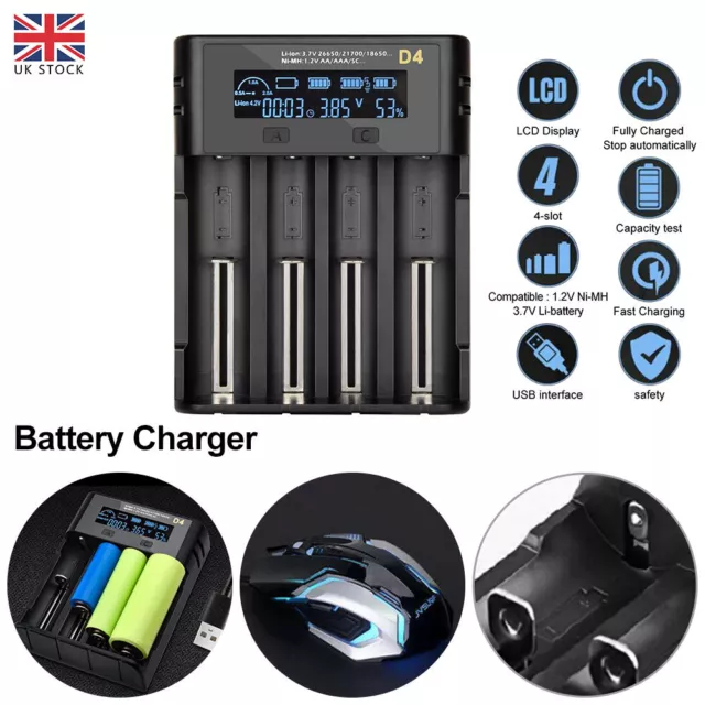 4 Slots LCD Display Smart USB Battery Charger For 3.6V/3.7V Li-ion Batteries UK