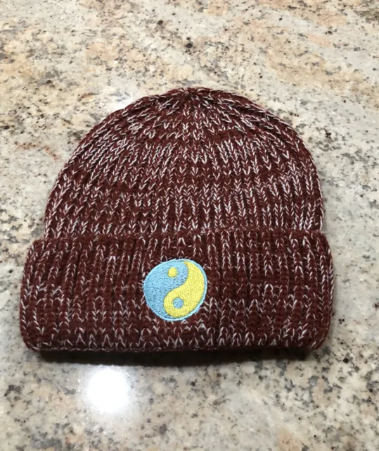 Urban Outfitters Ying Yang Beanie Ribbed Brown White Logo Turquoise Gold O/S NEW