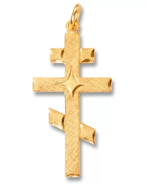 Fine Jewelry 24KT Gold P Three Bar Russian Byzantine Orthodox Cross 1" Pendant