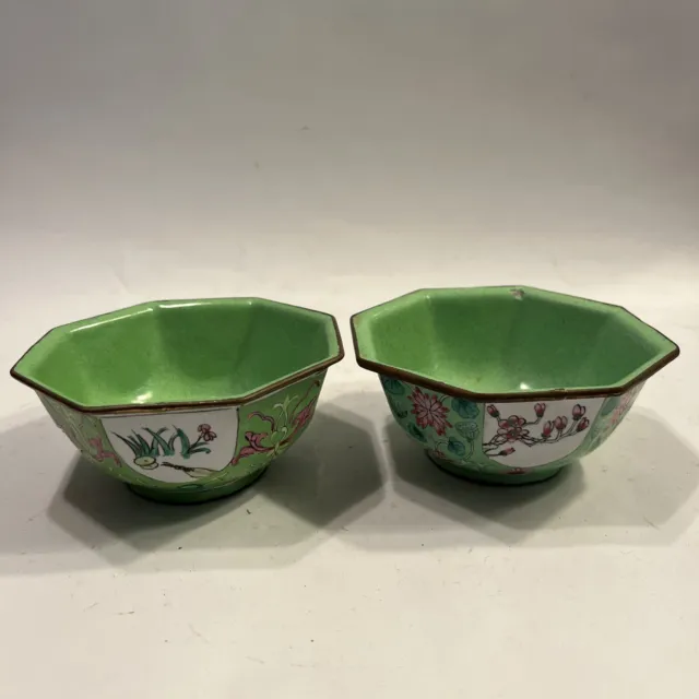 Pair Vintage Chinese Hand Painted Enamel Over Copper Bowls Chipped AS-IS