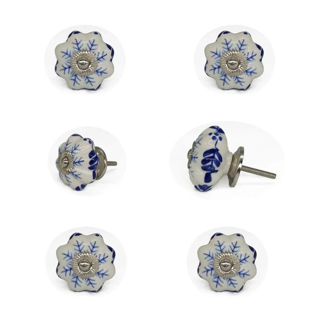 Hand Painted Floral Printed Ceramic Knobs for Doors and Cabinets Set Of 6 Pieces