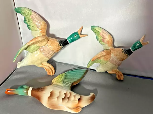 Retro Vintage Set of 3 Pottery Flying Ducks Wall Birds Wall Plaques