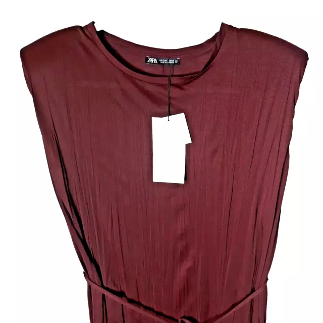 Zara Women Crepe Padded Shoulder Sleeveless Maxi Dress Small Burgundy Belted 3