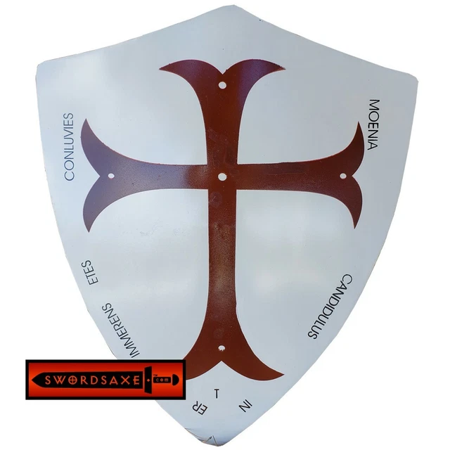 Knights Templar Crusader Medieval Heater Shield Red Cross Latin Inscription Hand