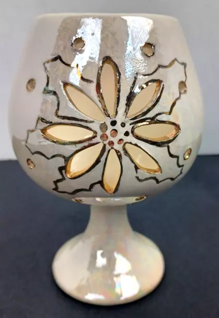 Vtg Ceramic Holly Cut Out Christmas Votive Tea Light Goblet Candle Holder 6 1/2"