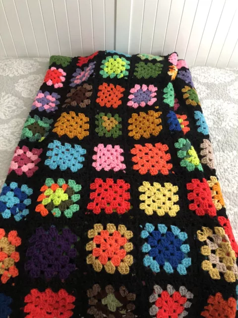 vtg large granny square puff flower black afghan crochet throw 70''x50''