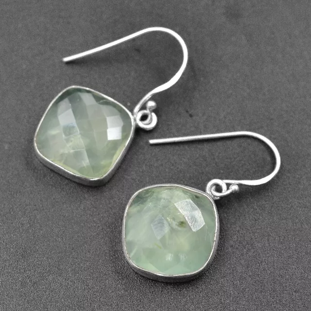 Prehnite Gemme Boucles D'Oreilles 925 Argent Pendantes Cadeau pour Elle Fait