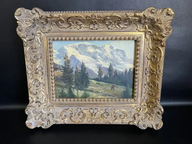 Antik alt Ölgemälde Ölbild Impressionismus Berglandschaft Alpen Tannen signiert