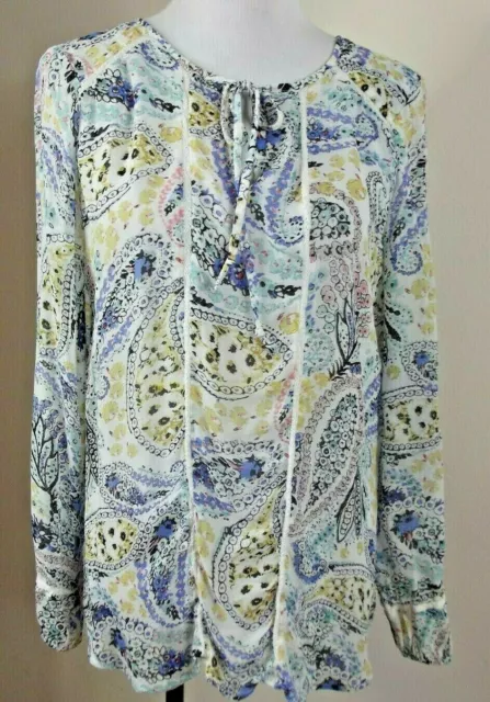 Lucky Brand  Semi Sheer BLOUSE - Size MEDIUM - Tie Neck Paisley Floral TOP Shirt