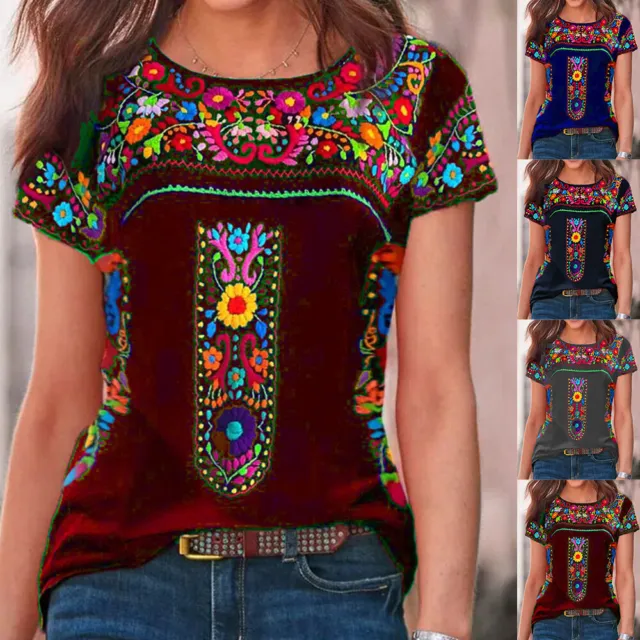 Womens Boho Floral Short Sleeve Tops T Shirt Ladies Summer Casual Loose Blouse