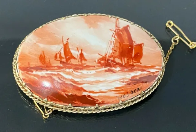 Large 9K solid yellow gold & Signed Hand Painted Porcelain Brooch