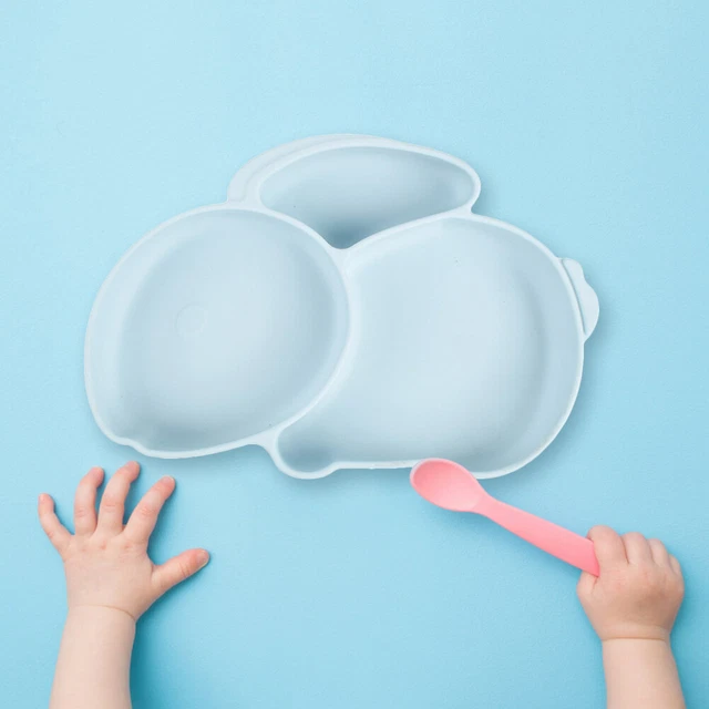Cartoon Children Dishes Silicone Baby Feeding Dishes Baby Cutlery (Light Blue)