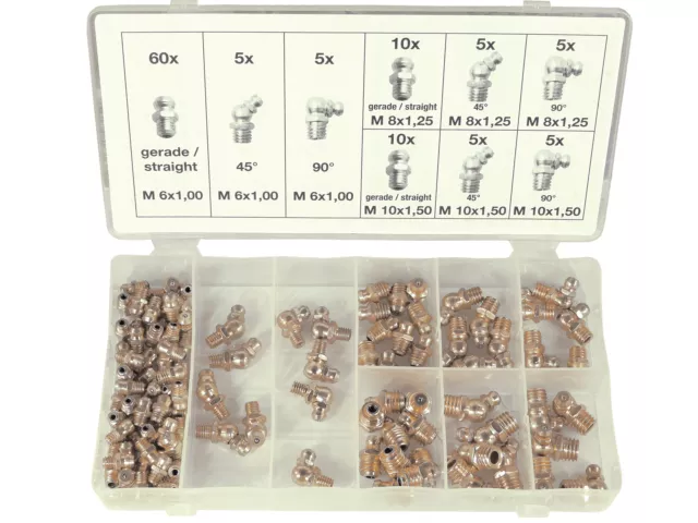 110-tlg. Schmiernippel Sortiment Fett Abschmier Kegelschmier Nippel 45° 90°