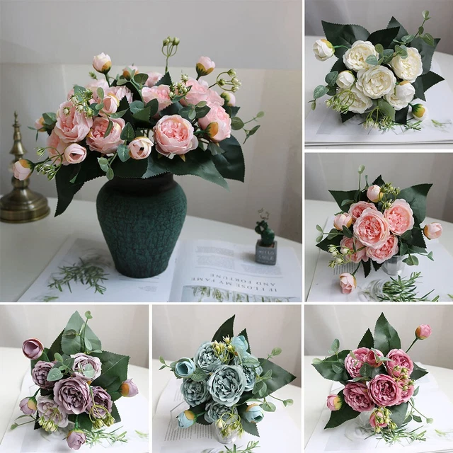SNAIL GARDEN Silk Artificial Flowers Bouquet Vintage Artificial Peony Flowers Wedding Home Party Festival Floral Arrangements (Dark Pink/White/ Each 4 Pieces