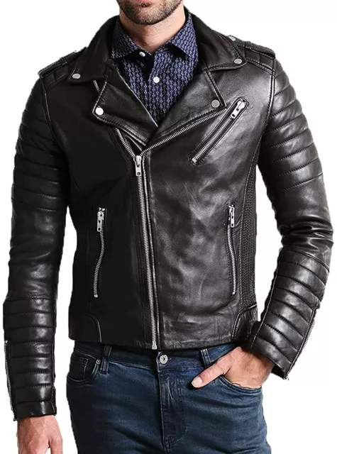 Nuevo Diseñador para Hombre Genuino Piel de Cordero Suave Chaqueta Biker -16