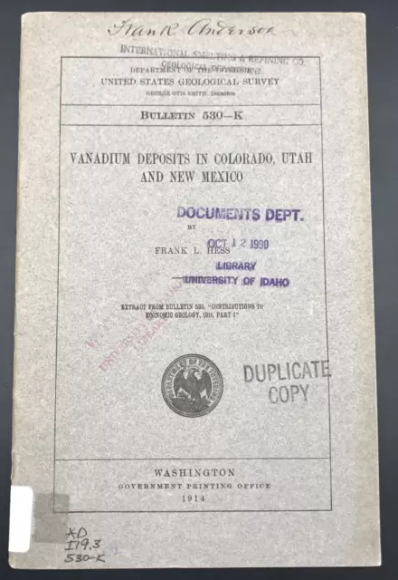 Antique 1914 USGS Bulletin 530-K Vanadium Deposits in Colorado Utah & New Mexico