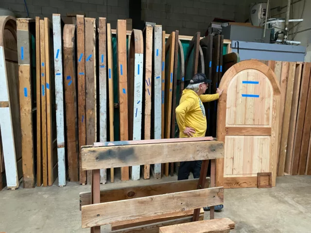 Rustic castle reclaimed lumber arched old growth Doug Fir solid door winery 6