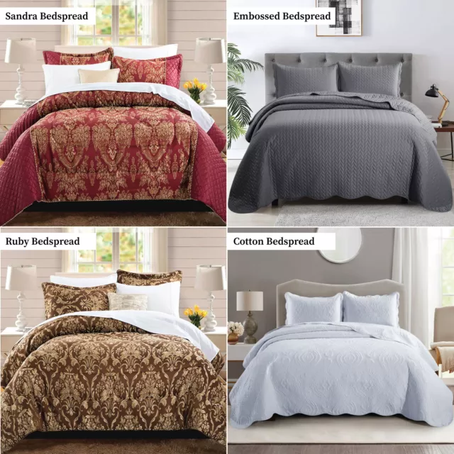 3 Piece Embossed Quilted Bedspread Throw Set Single Double King Super King Size