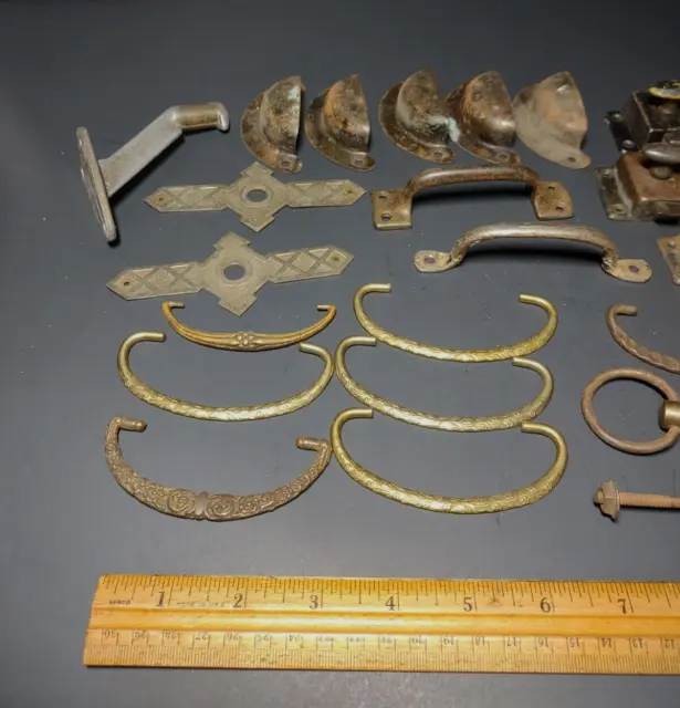 Large Lot Antique Metal Architectural Salvage Cabinet Hardware Misc *Latches ++ 2