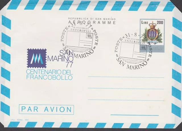 SAN MARINO 1977 200L aerogramme Stamp Centenary CTO.........................M976