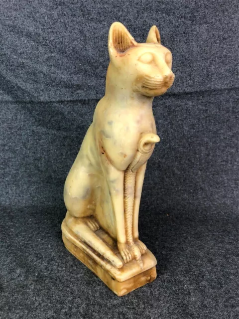 Ancient Egyptian Cat Bastet Cast & Carved Alabaster Sculpture 10-1/4"