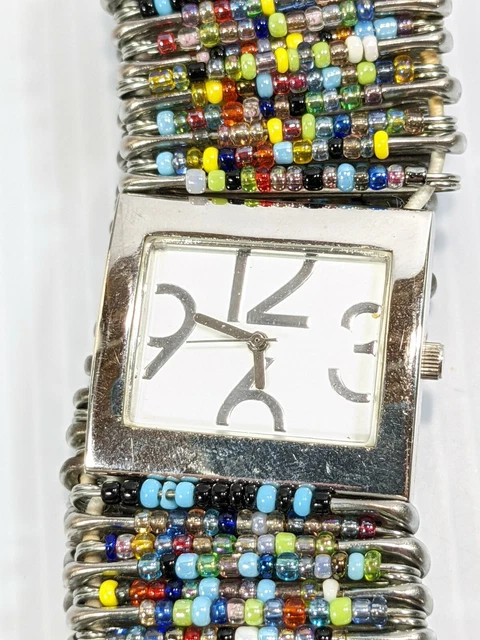 Artisan Silver Tone Safety Pin Band Glass Multi Color Bead Stretch Watch